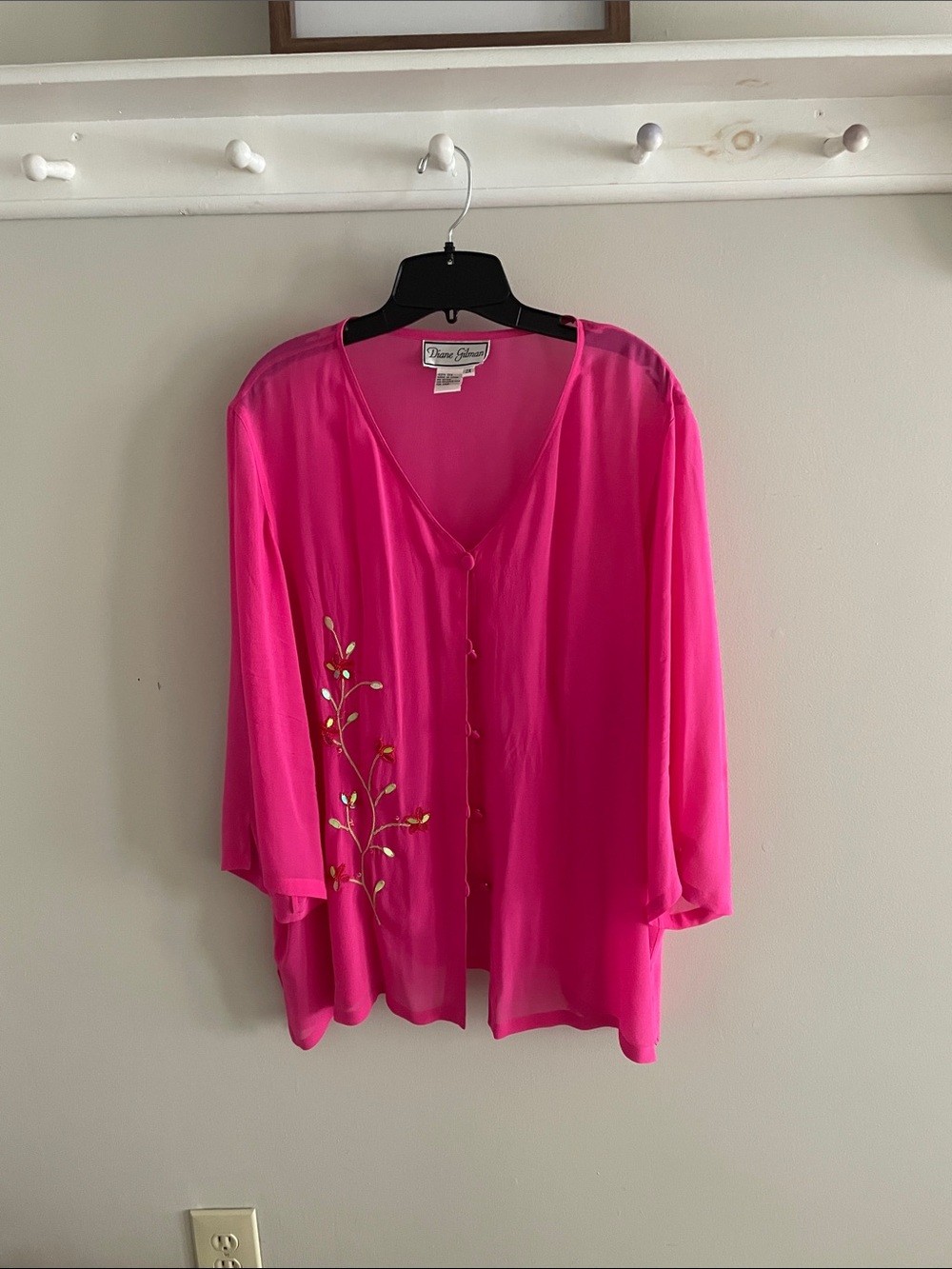 Diane Gilman Bright Hot Pink Button-Front Blouse with Gold Leaf Embroidery